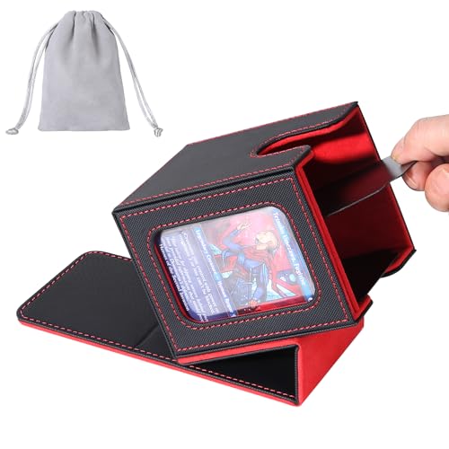 AFIING MTG Commander Deck Box for 100 Double-Sleeved Cards – Black/Red PU Leather with Window, Dividers, Drawstring Bag & Toploader