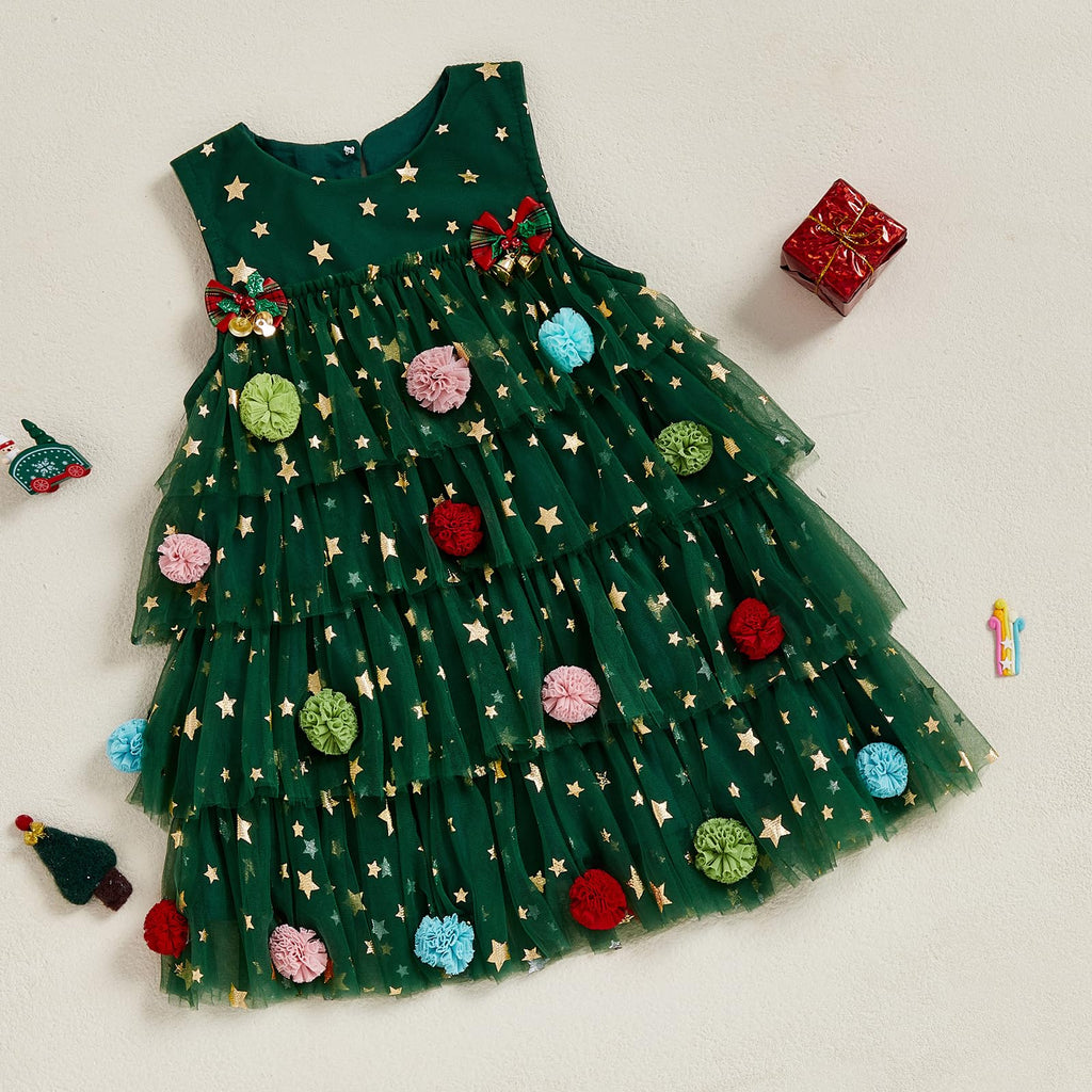 Afunbaby Toddler Girl Christmas Dress with Sequin Pompom Tulle Tutu and Jingle Bell