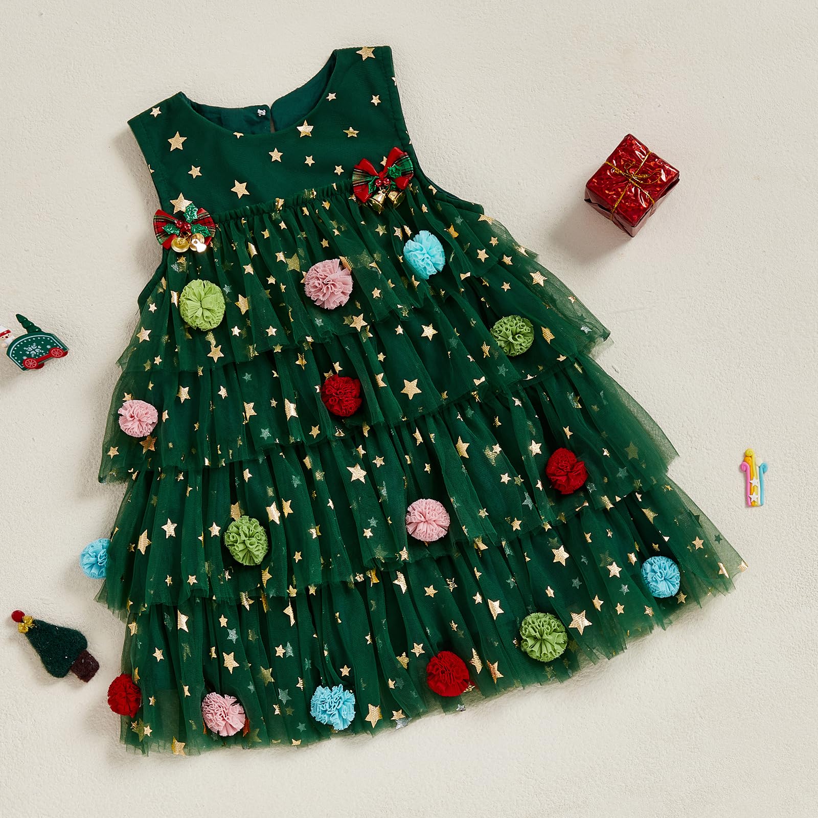 Afunbaby Toddler Girl Christmas Dress with Sequin Pompom Tulle Tutu and Jingle Bell