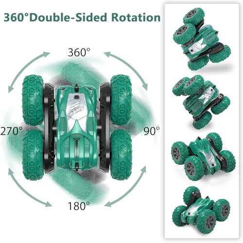 AFUNX Green RC Stunt Car for Kids Ages 6-12: 360° Rotation, Double-Sided Driving, 2.4GHz Remote, Rechargeable