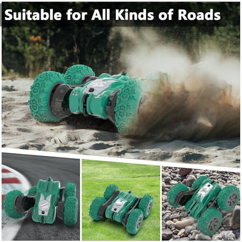 AFUNX Green RC Stunt Car for Kids Ages 6-12: 360° Rotation, Double-Sided Driving, 2.4GHz Remote, Rechargeable