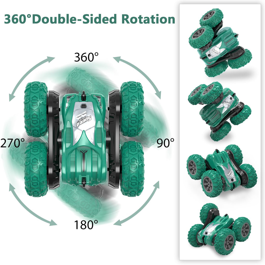 AFUNX Green RC Stunt Car for Kids Ages 6-12: 360° Rotation, Double-Sided Driving, 2.4GHz Remote, Rechargeable