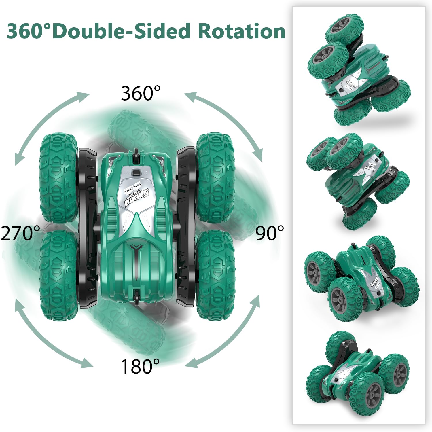 AFUNX Green RC Stunt Car for Kids Ages 6-12: 360° Rotation, Double-Sided Driving, 2.4GHz Remote, Rechargeable
