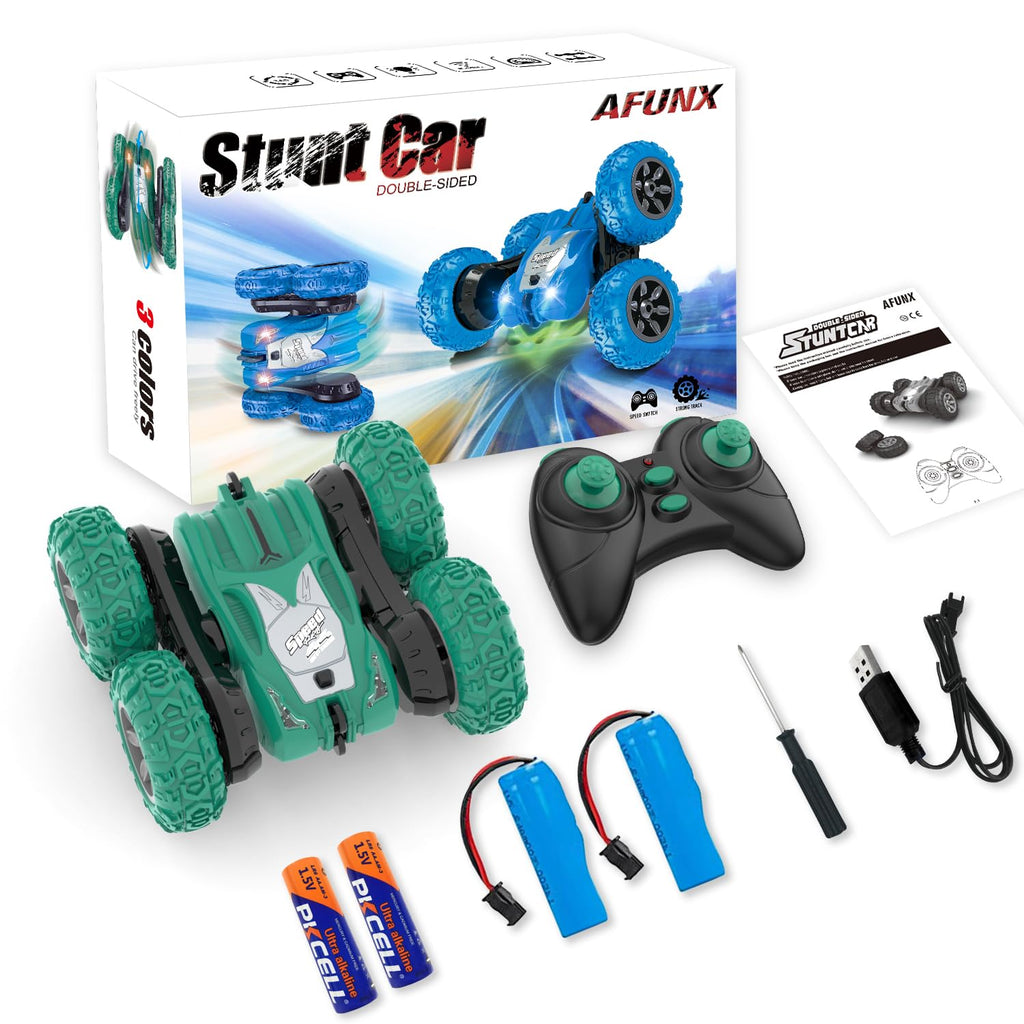 AFUNX Green RC Stunt Car for Kids Ages 6-12: 360° Rotation, Double-Sided Driving, 2.4GHz Remote, Rechargeable