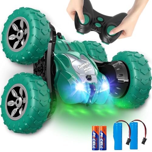 AFUNX Green RC Stunt Car for Kids Ages 6-12: 360° Rotation, Double-Sided Driving, 2.4GHz Remote, Rechargeable