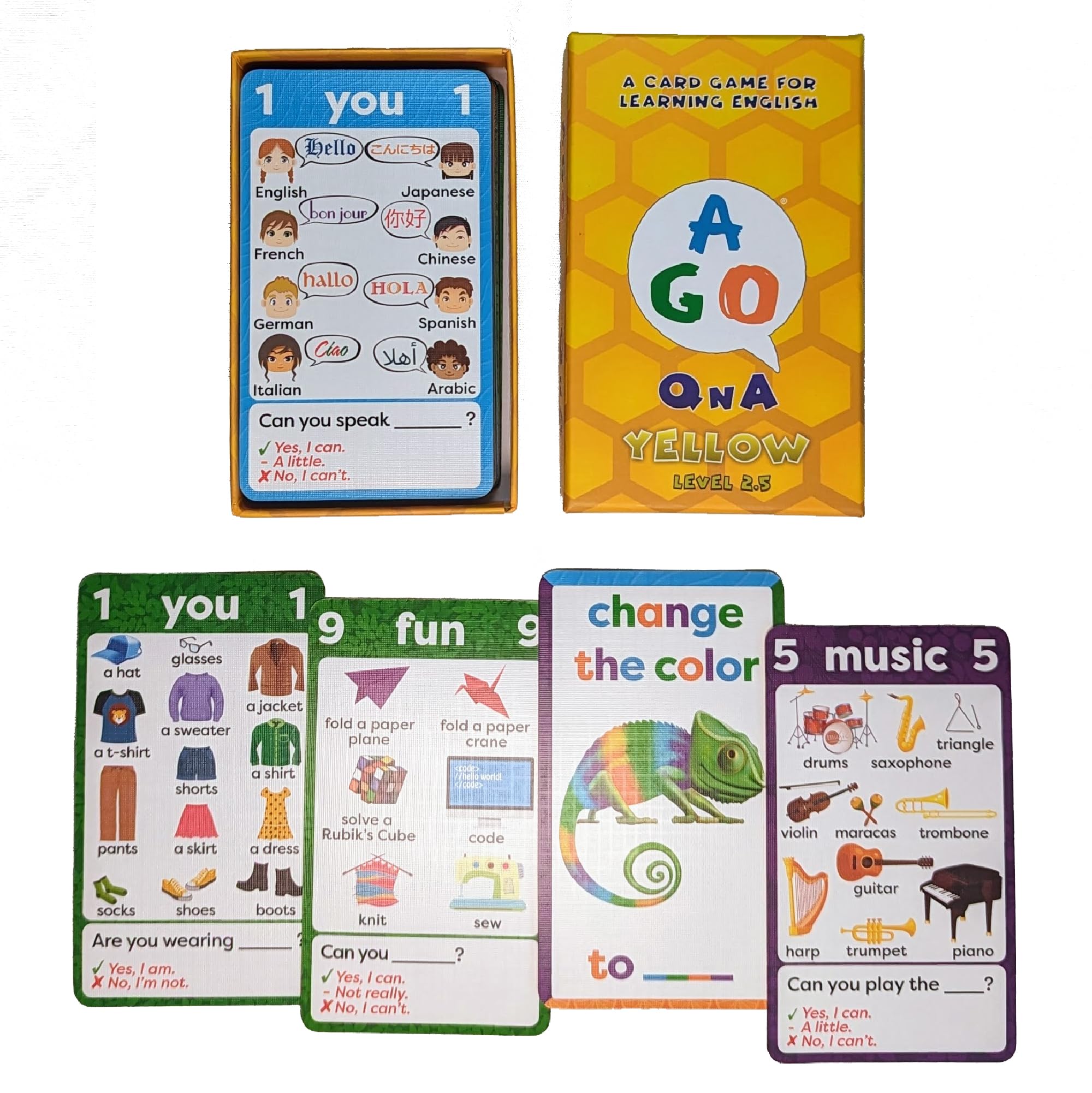 AGO QnA Yellow ESL Card Game Level 2.5 – 54 Cards for English Vocabulary, Grammar & Conversation Practice
