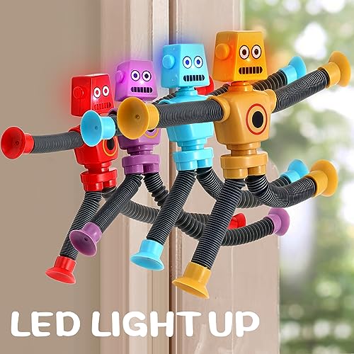 AGRASIV Robot Sensory Fidget Toys: LED Light Up Pop Tubes with Suction Cups for Kids