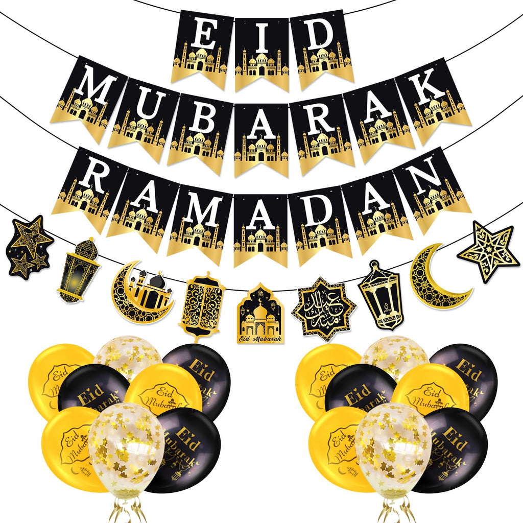 AhfuLife Eid Mubarak Banner Set – 4 Preassembled Banners with 16 Balloons, Reusable Black & Gold Ramadan Decor