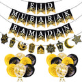 AhfuLife Eid Mubarak Banner Set – 4 Preassembled Banners with 16 Balloons, Reusable Black & Gold Ramadan Decor
