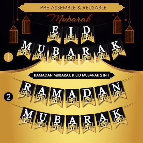 AhfuLife Eid Mubarak Banner Set – 4 Preassembled Banners with 16 Balloons, Reusable Black & Gold Ramadan Decor