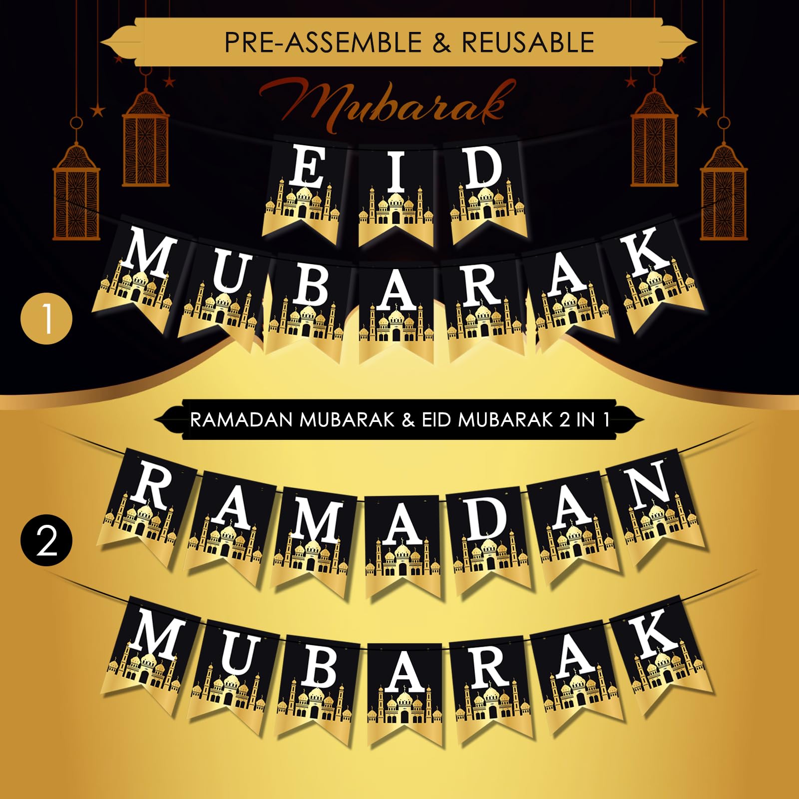 AhfuLife Eid Mubarak Banner Set – 4 Preassembled Banners with 16 Balloons, Reusable Black & Gold Ramadan Decor