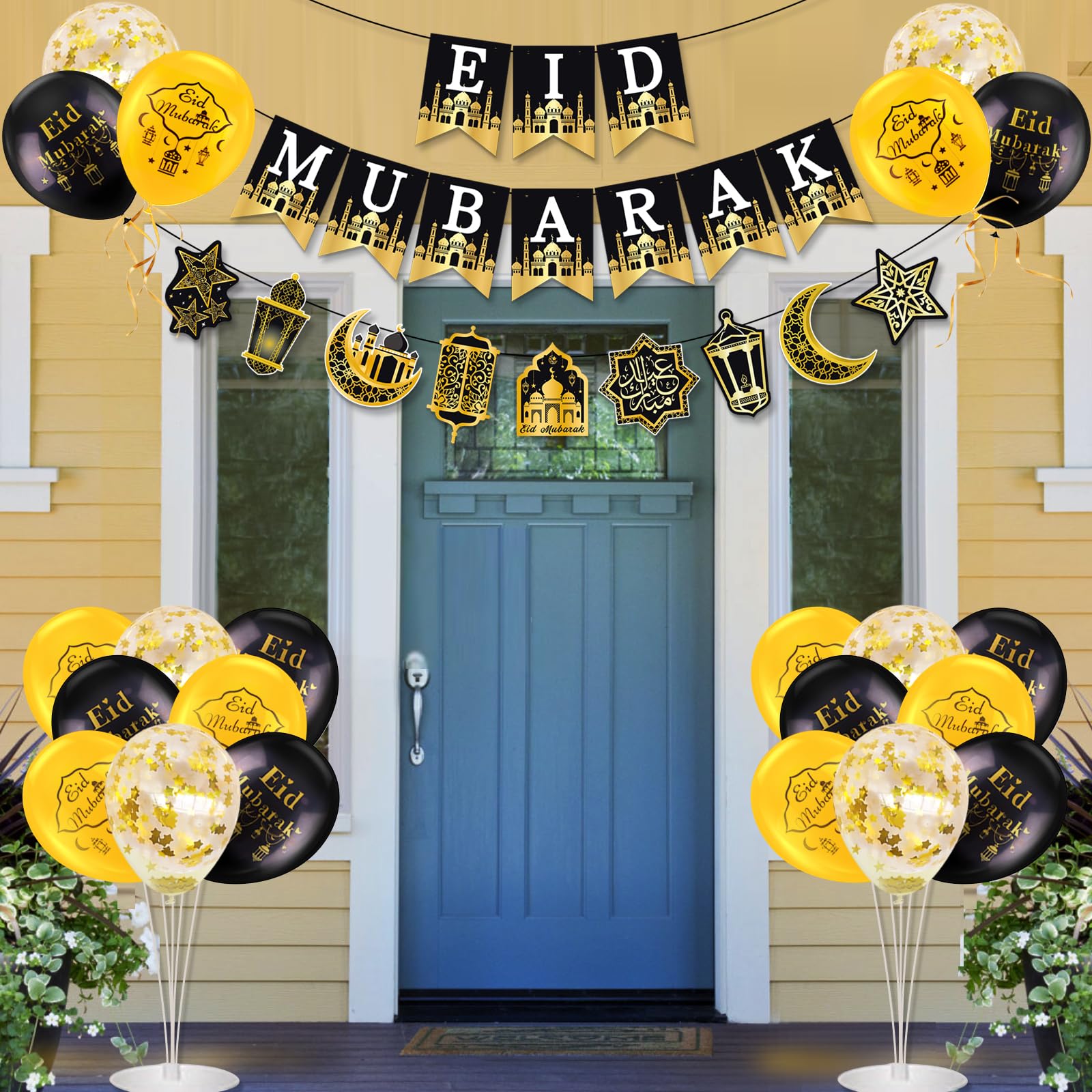 AhfuLife Eid Mubarak Banner Set – 4 Preassembled Banners with 16 Balloons, Reusable Black & Gold Ramadan Decor
