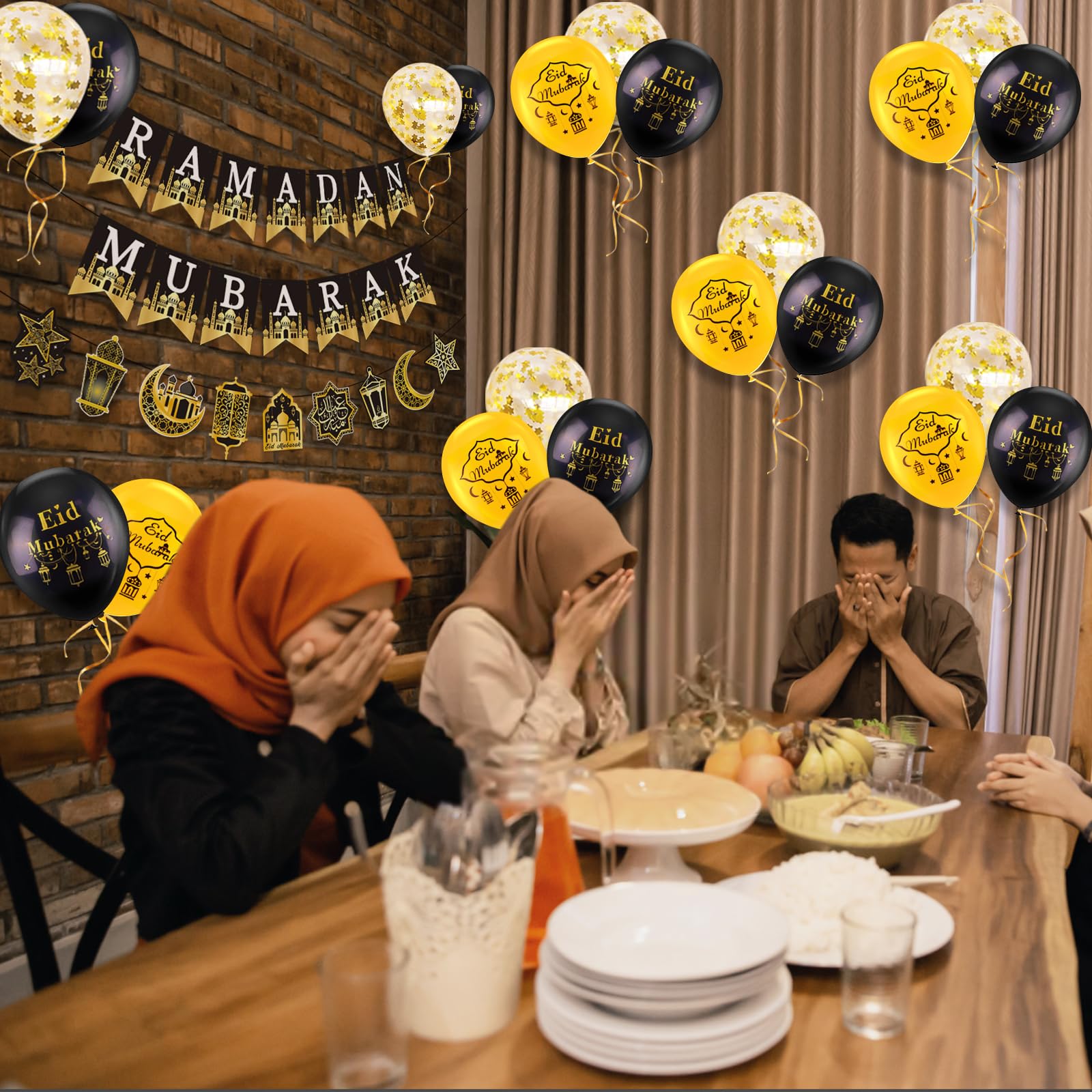 AhfuLife Eid Mubarak Banner Set – 4 Preassembled Banners with 16 Balloons, Reusable Black & Gold Ramadan Decor