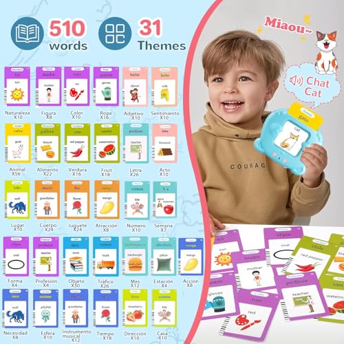 AHJ Talking Flash Cards for Toddlers: 510 Bilingual Words, Spanish & English, Speech Therapy Montessori Learning Toy