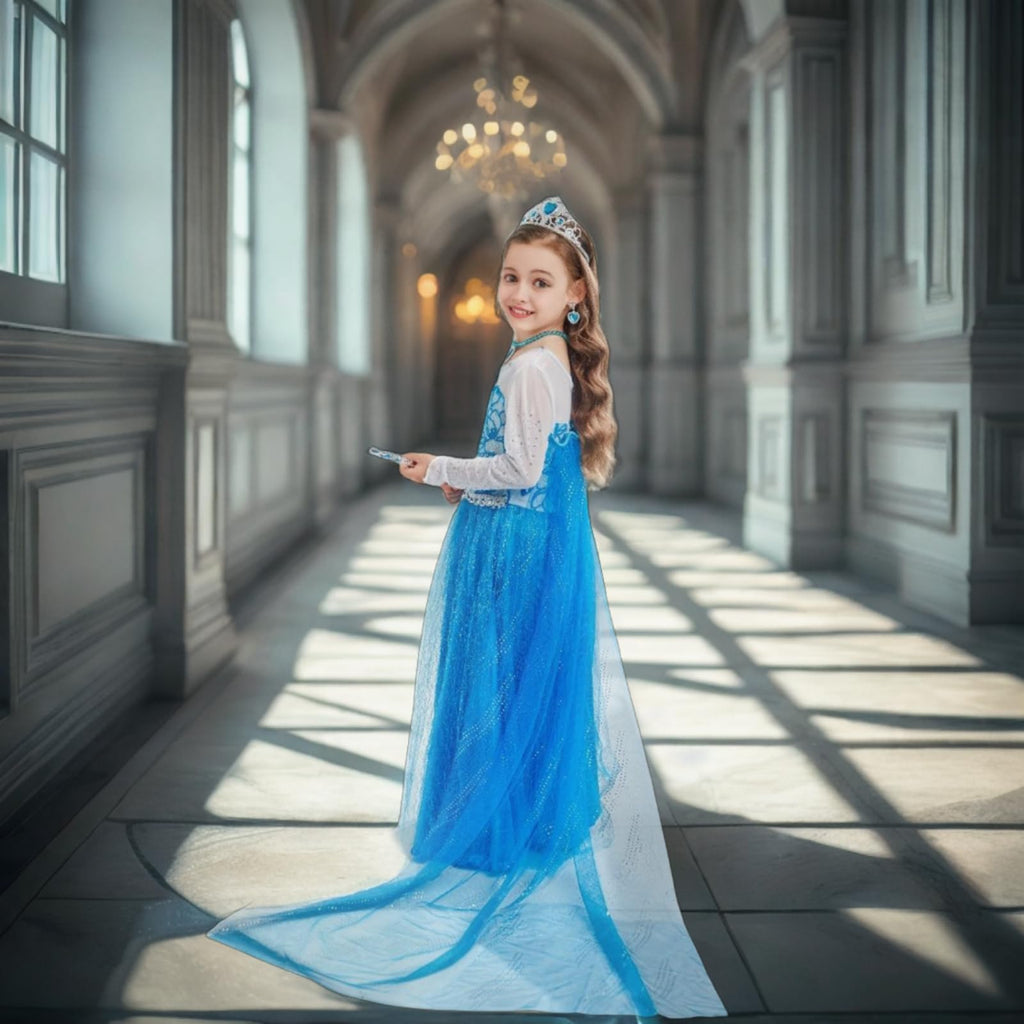 AHLPO Girls Princess Dress Set with Cape, Crown, Wand & Accessories – Blue Costume for Halloween, Birthday & Dress-Up