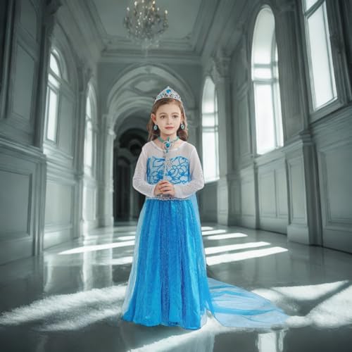 AHLPO Girls Princess Dress Set with Cape, Crown, Wand & Accessories – Blue Costume for Halloween, Birthday & Dress-Up