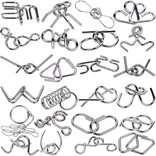 Ahyuan 32-Piece Metal Wire Puzzle Set with Pouch – Brain Teaser Fidget Toys for Kids and Adults (Silver)
