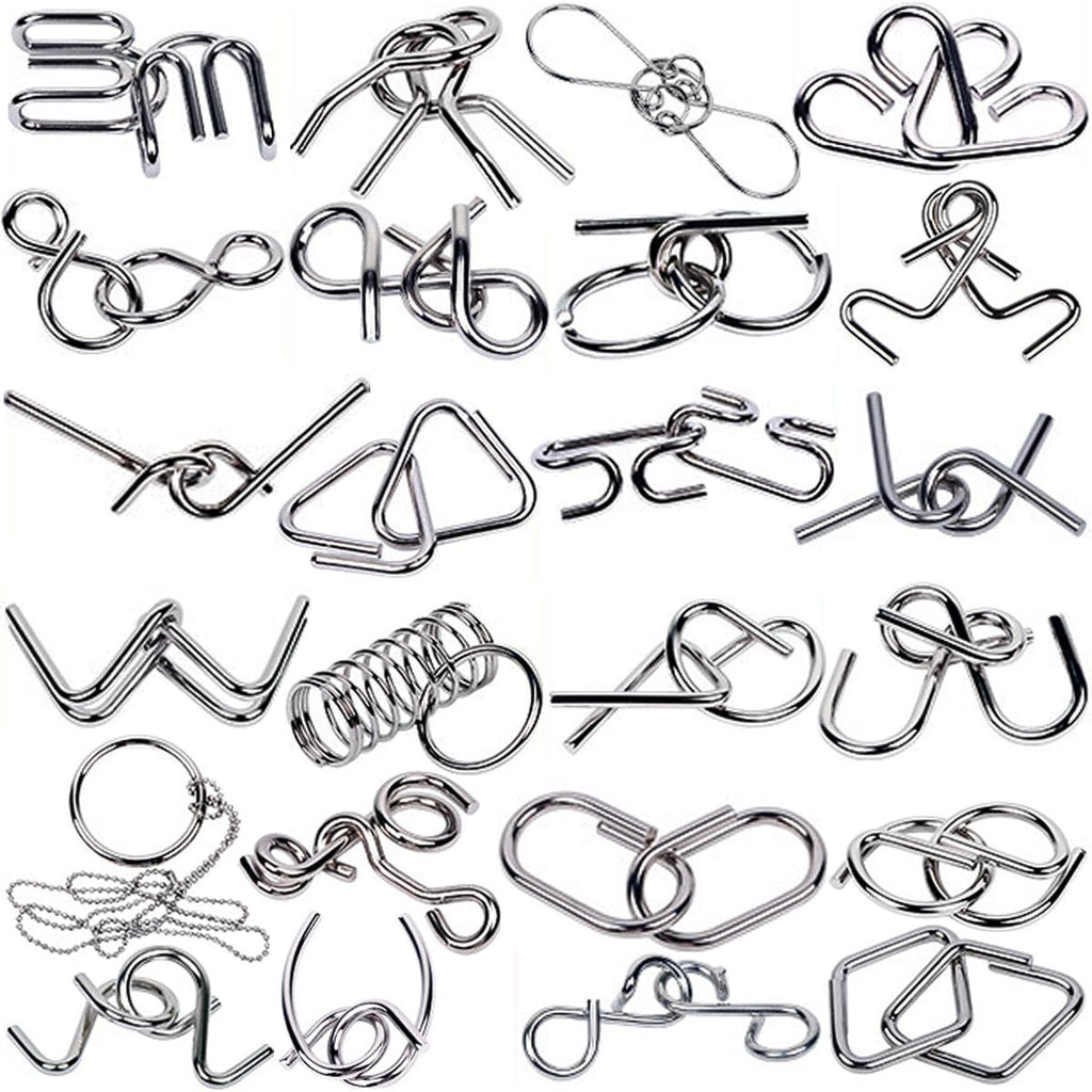 Ahyuan 32-Piece Metal Wire Puzzle Set with Pouch – Brain Teaser Fidget Toys for Kids and Adults (Silver)