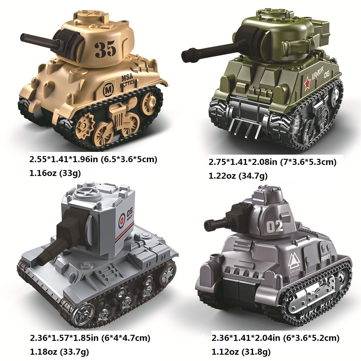 Ai-Fun 4-Pack Pull Back Mini Tank Toy Cars - Die-Cast Military Army Vehicles, 1:64 Scale, BPA-Free