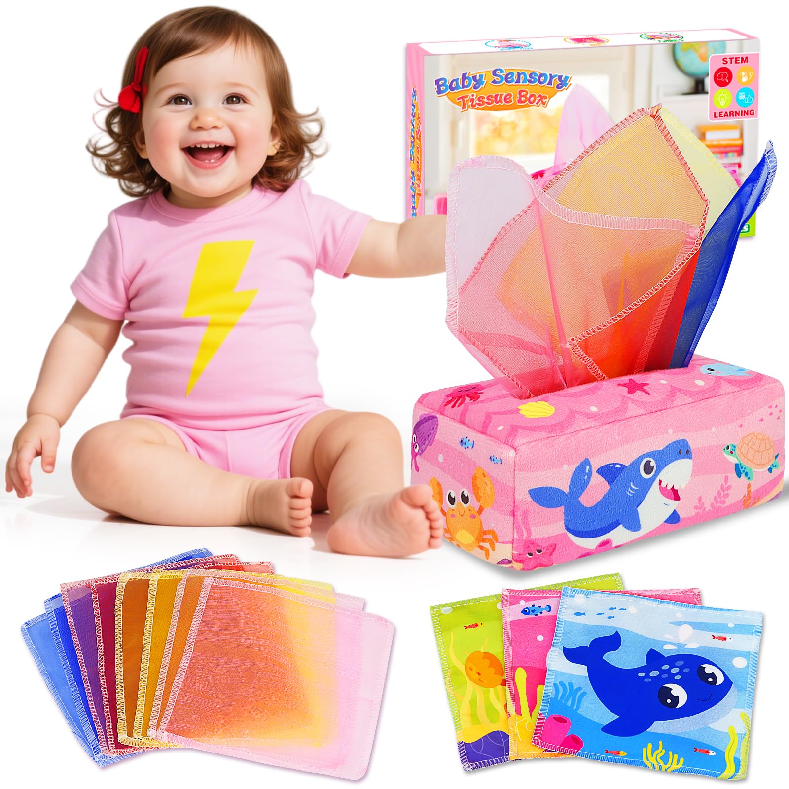 Aiduy Baby Tissue Box Toy - Pink Montessori Sensory Toy for 6-12 Months