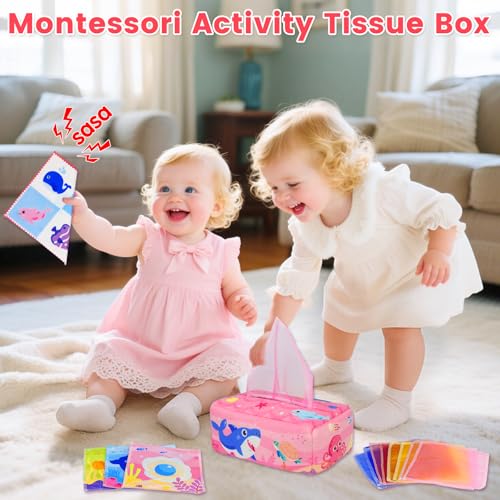 Aiduy Baby Tissue Box Toy - Pink Montessori Sensory Toy for 6-12 Months