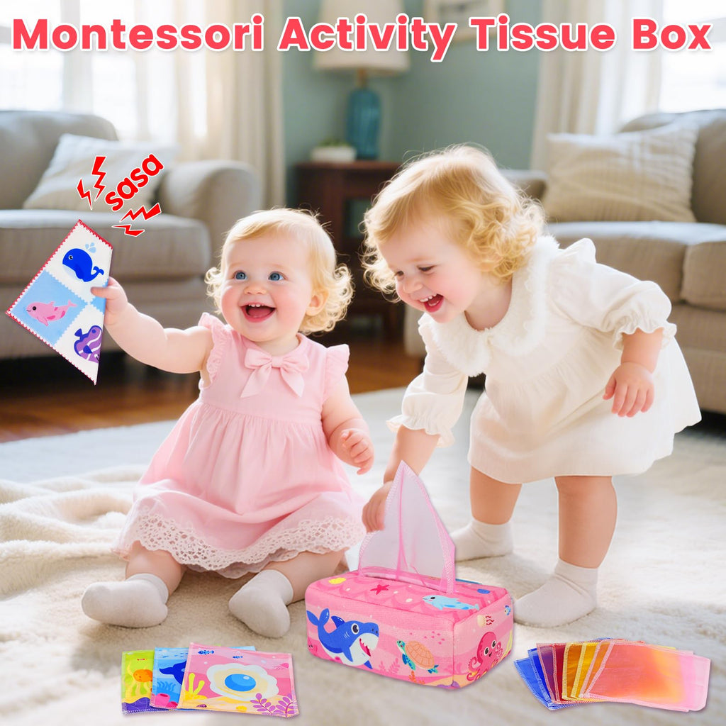 Aiduy Baby Tissue Box Toy - Pink Montessori Sensory Toy for 6-12 Months