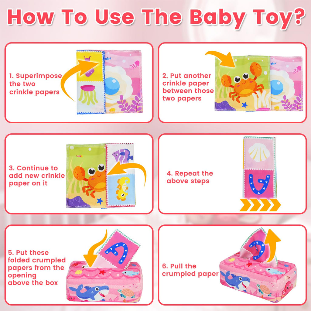 Aiduy Baby Tissue Box Toy - Pink Montessori Sensory Toy for 6-12 Months