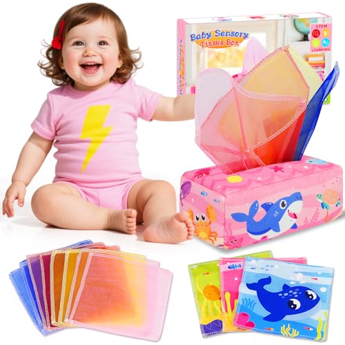 Aiduy Baby Tissue Box Toy - Pink Montessori Sensory Toy for 6-12 Months