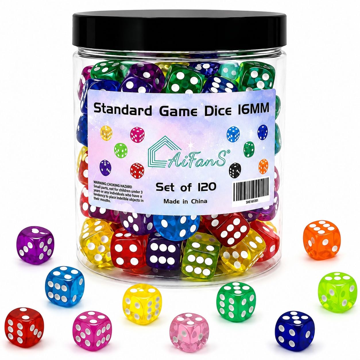 AiFanS 120-Piece 16mm Translucent Dice Set – 10 Colors, Rounded Corners with Portable Box