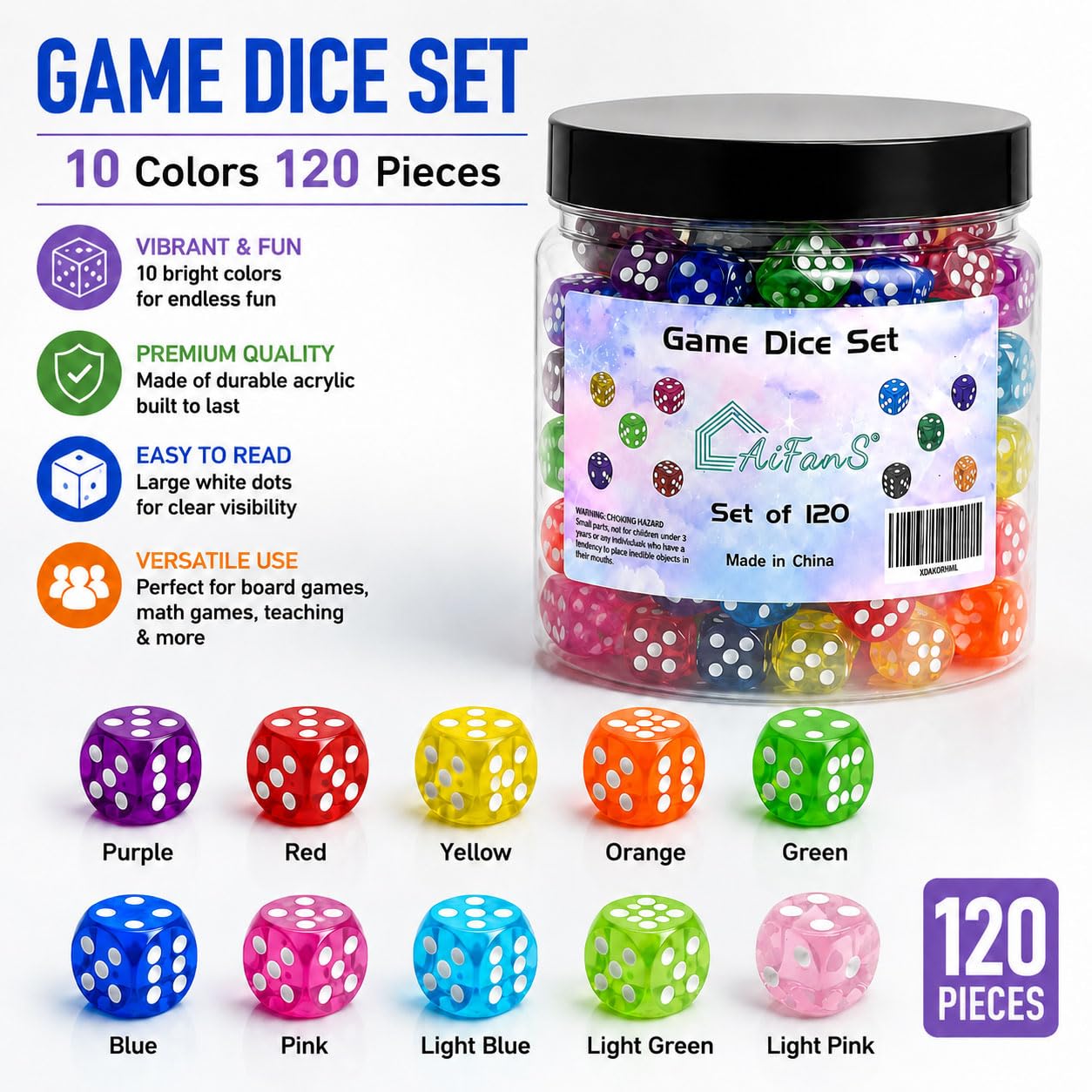 AiFanS 120-Piece 16mm Translucent Dice Set – 10 Colors, Rounded Corners with Portable Box