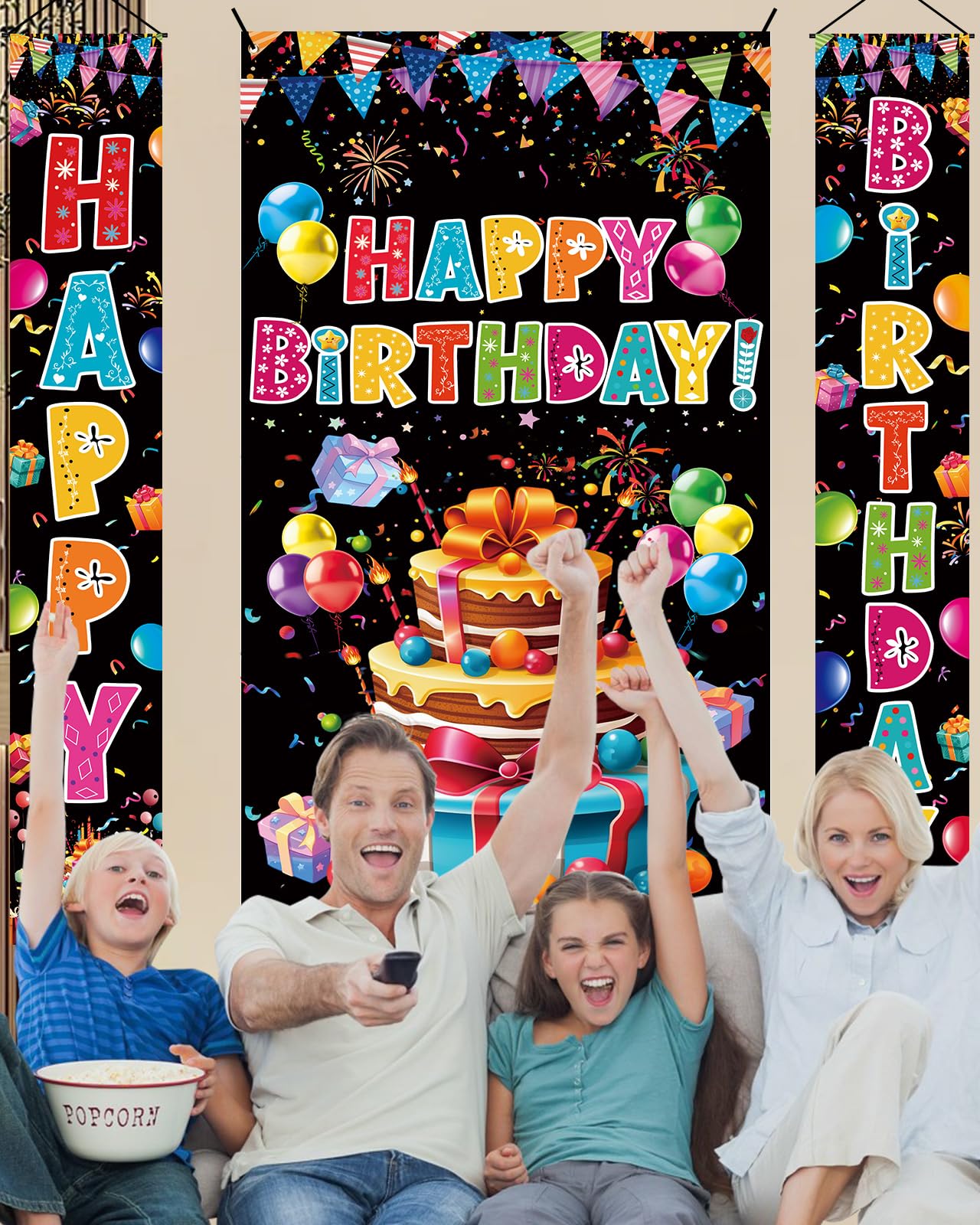 AiFaoobs 3-Piece Colorful Birthday Banner Set – Door Cover and Two Banners for Indoor Outdoor Party Decor (Black Base)