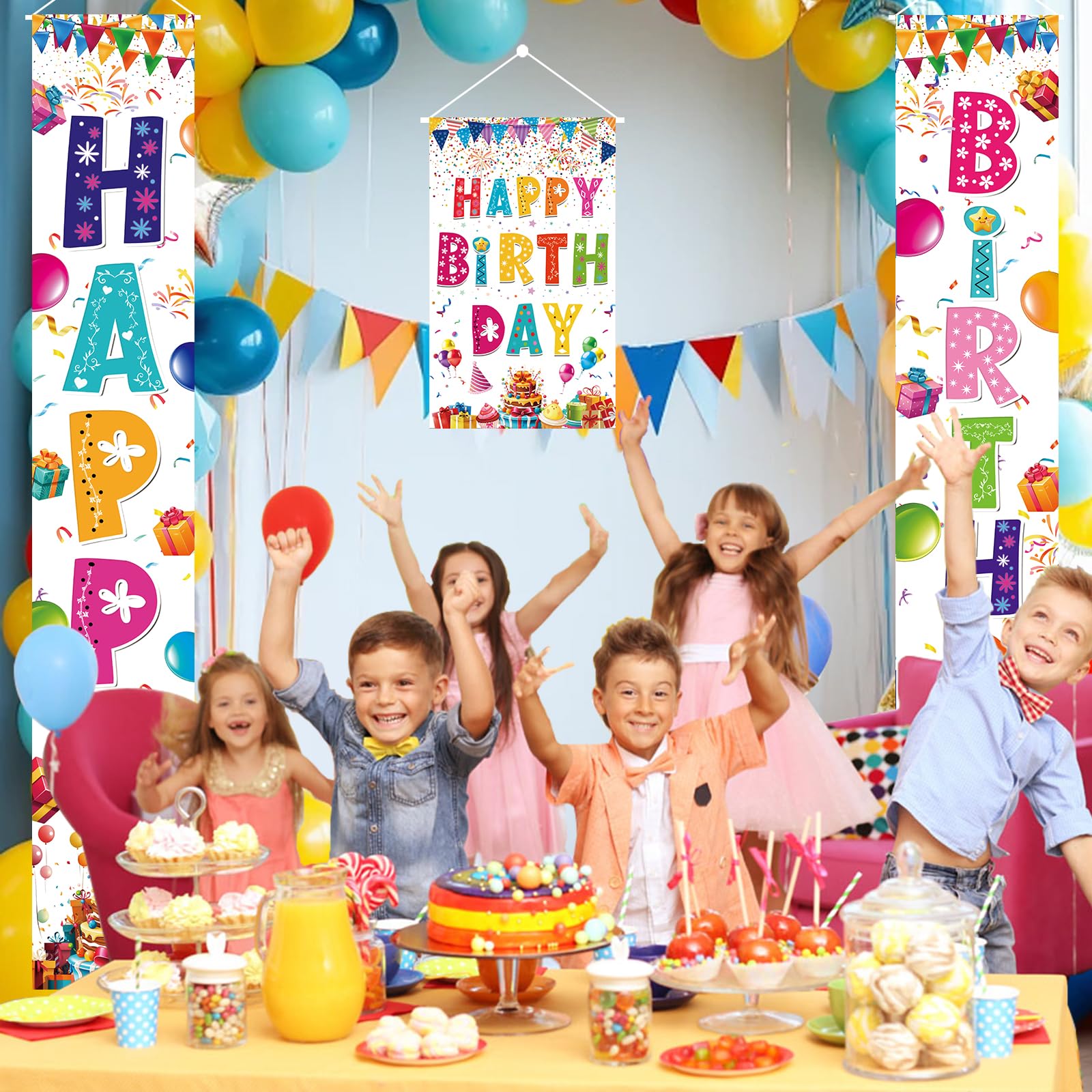 AiFaoobs Rainbow Birthday Banner Set - 3 Pieces, Large 72" Photography Backdrop, Door Sign, Wall Decor - Durable Polyester, Machine Washable, Indoor/Outdoor