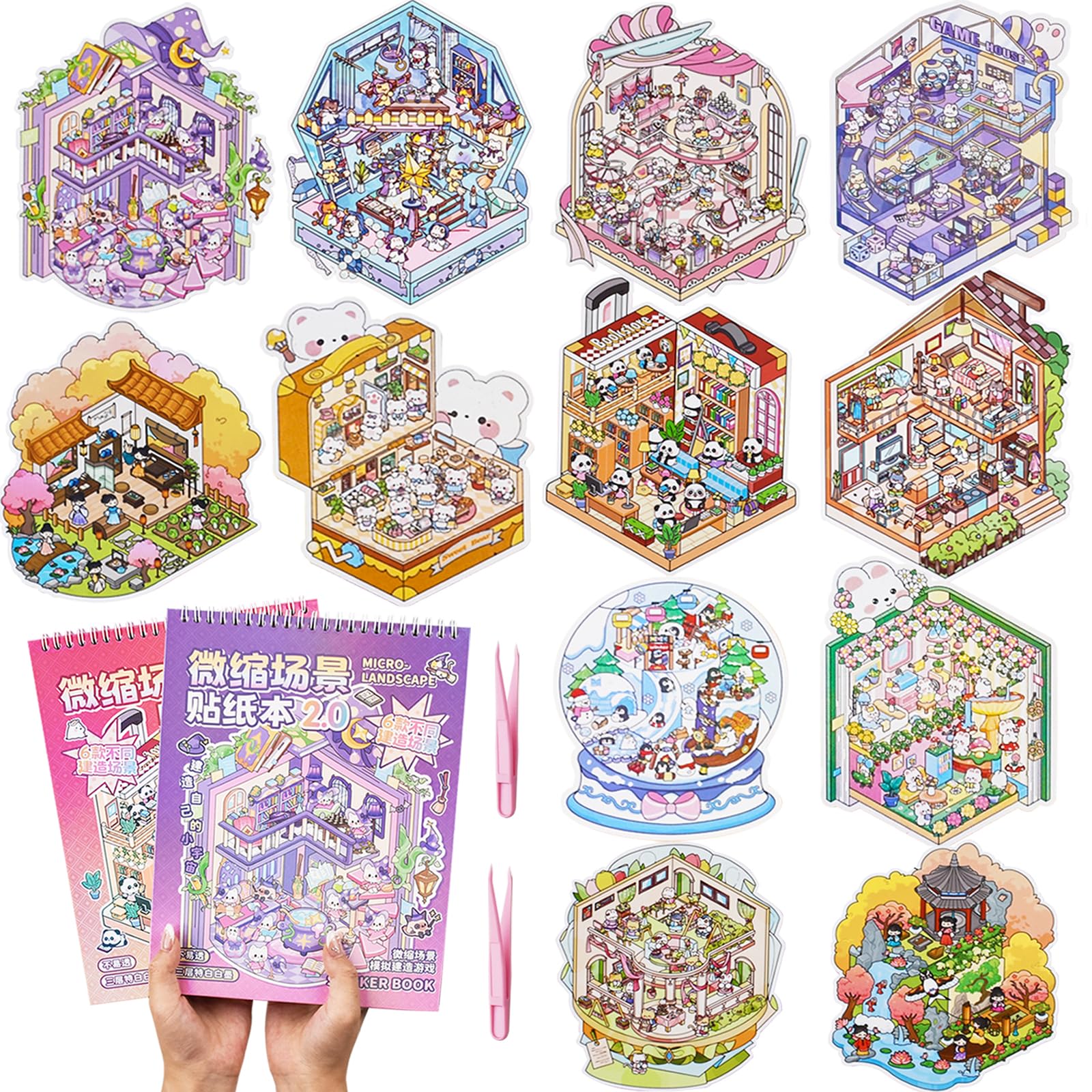 Aifong 2-Pack 3D Sticker Books for Adults – 12 Scenes, Pink & Purple, 10.6 x 7.9 Inches