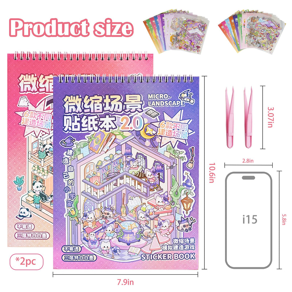 Aifong 2-Pack 3D Sticker Books for Adults – 12 Scenes, Pink & Purple, 10.6 x 7.9 Inches