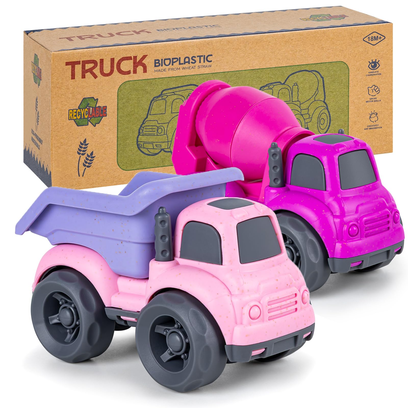 Aigitoy Dump Truck and Cement Mixer Toys for Toddlers – Pink, Eco-Friendly, BPA-Free, Dishwasher Safe, 2-Piece Set