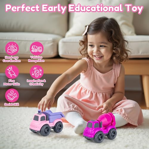 Aigitoy Dump Truck and Cement Mixer Toys for Toddlers – Pink, Eco-Friendly, BPA-Free, Dishwasher Safe, 2-Piece Set