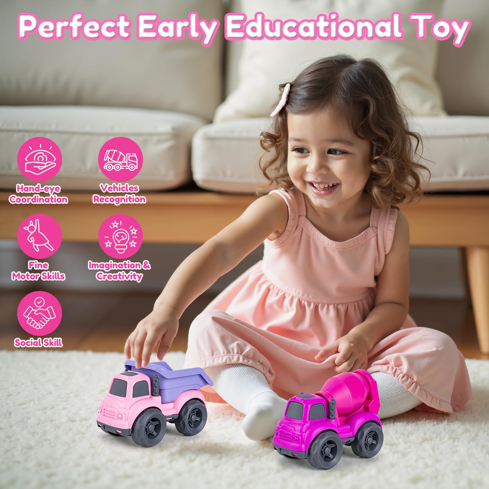 Aigitoy Dump Truck and Cement Mixer Toys for Toddlers – Pink, Eco-Friendly, BPA-Free, Dishwasher Safe, 2-Piece Set