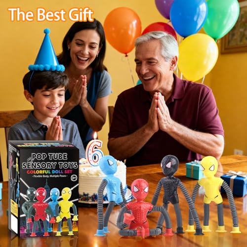 Aimery 4-Pack Superhero Suction Cup Fidget Toys – Sensory Travel Activities for Kids with Autism, ADHD – Easter Basket Stuffers, Airplane & Road Trip Gifts