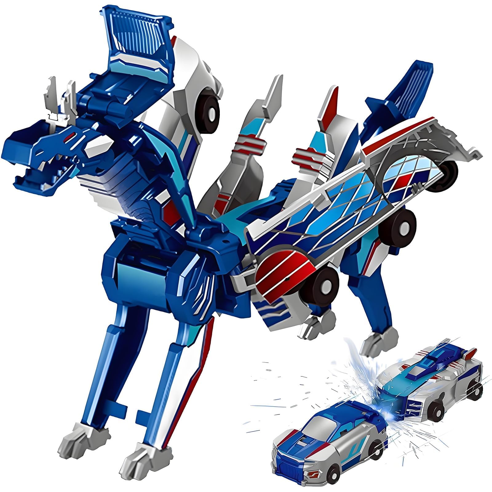 Aimery Collision Transforming Dinosaur Car Toy – 2 Magnetic Cars Convert into a Dragon Robot, Blue