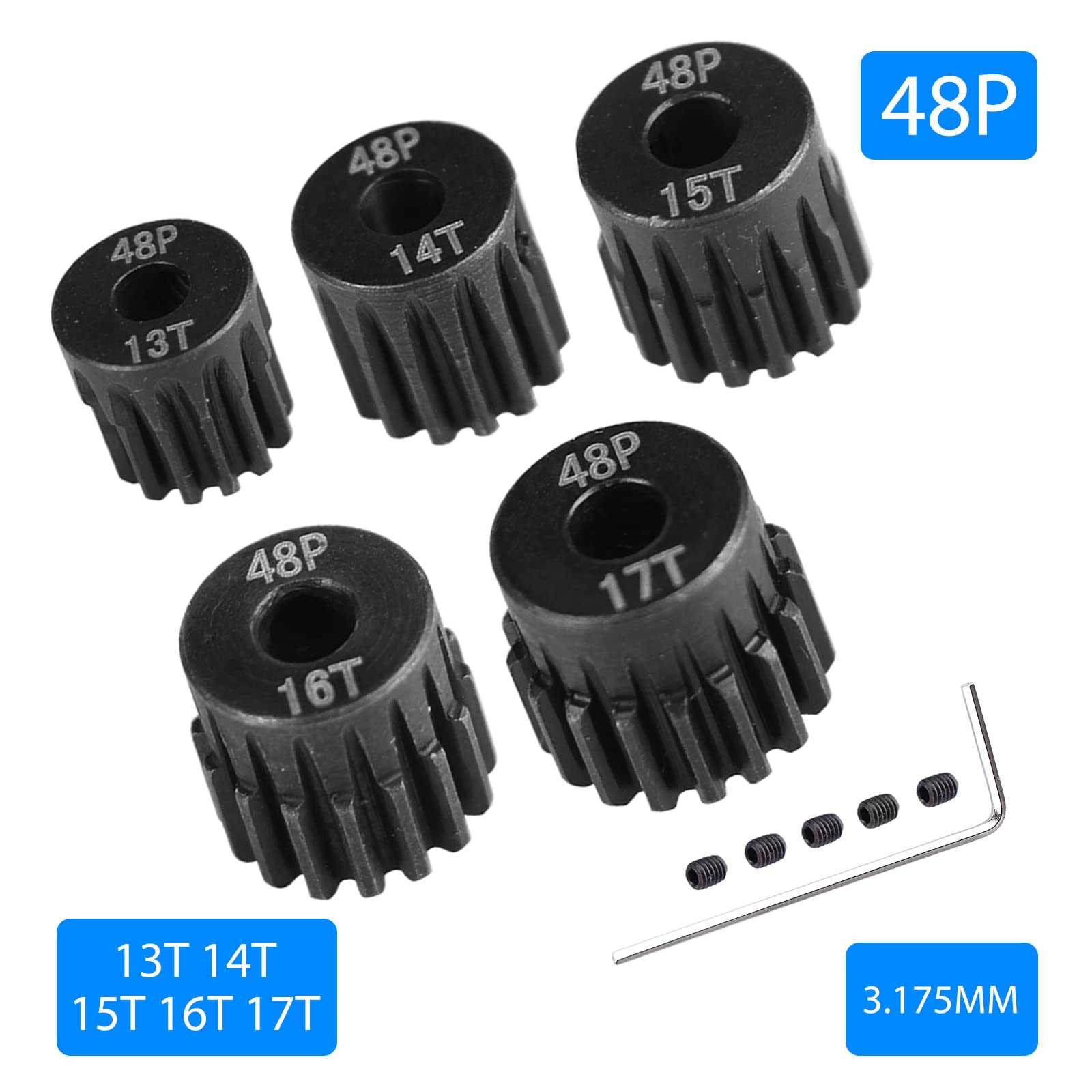 AIMROCK 5-Pack 48P RC Motor Pinion Gears (13T-17T) for 1/10 Scale Cars, Boats & Planes – Hardened Steel