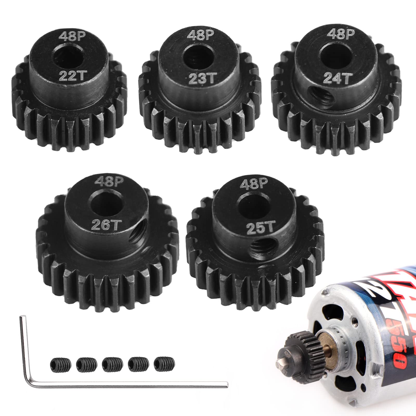 AIMROCK 5-Pack 48P RC Motor Pinion Gears Set – 22T to 26T, Hardened Steel, 3.175mm Bore