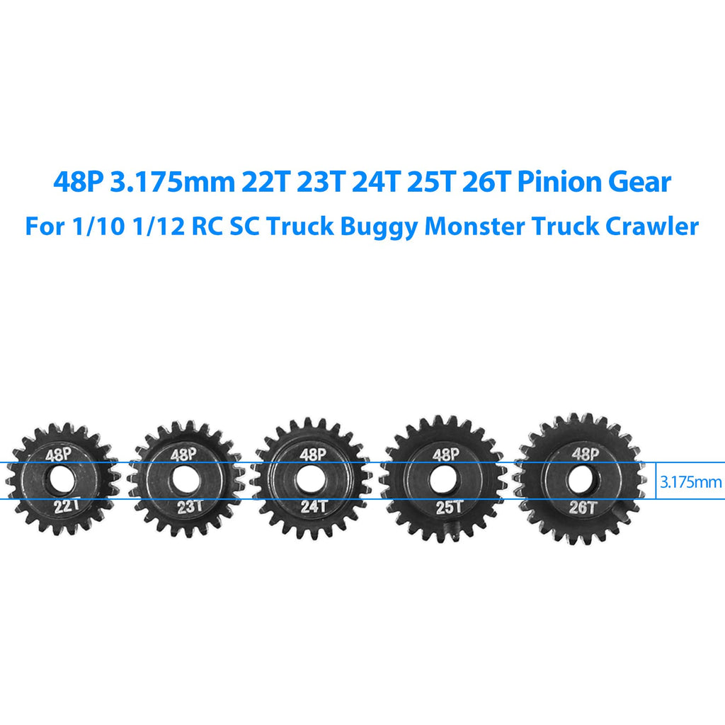 AIMROCK 5-Pack 48P RC Motor Pinion Gears Set – 22T to 26T, Hardened Steel, 3.175mm Bore