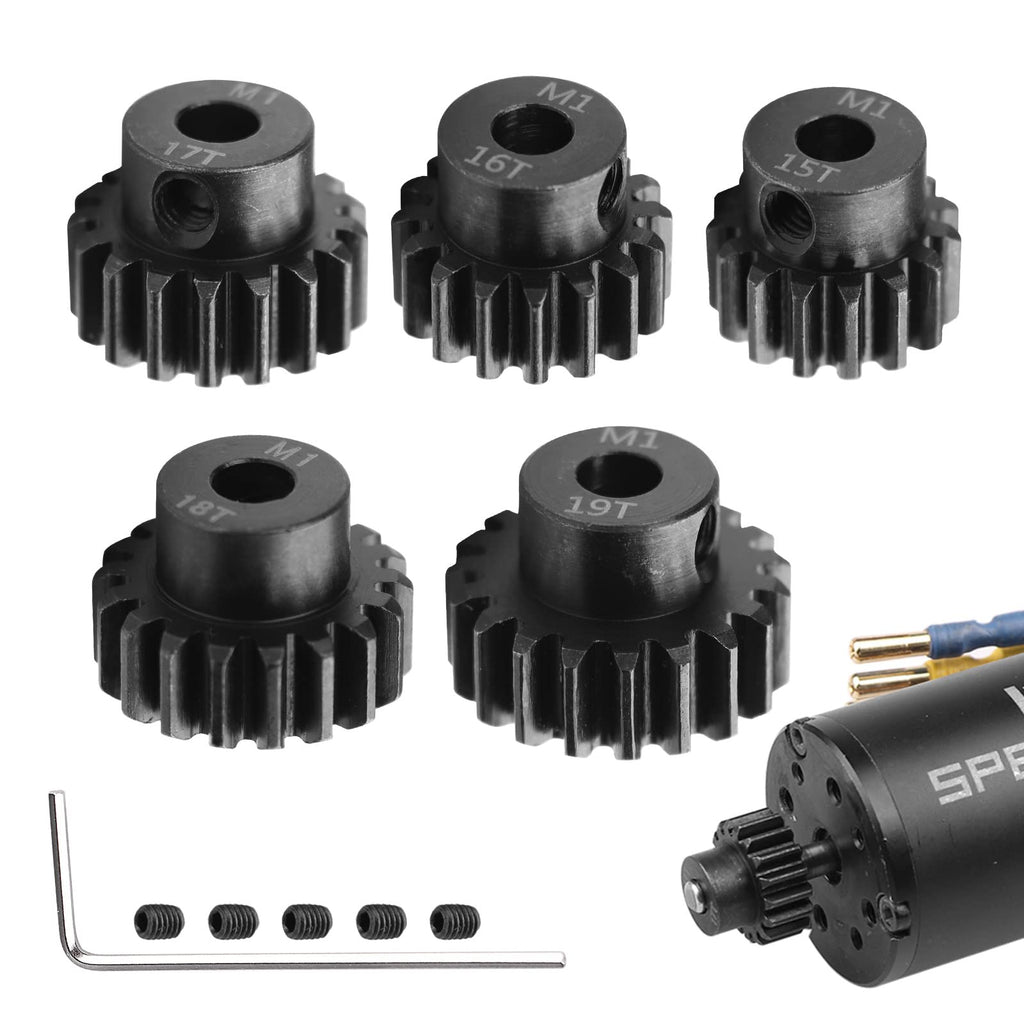 AIMROCK 5-Pack Mod 1 RC Motor Pinion Gears (15T-19T) for 5mm Shaft, Hardened Steel Upgrade