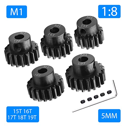 AIMROCK 5-Pack Mod 1 RC Motor Pinion Gears (15T-19T) for 5mm Shaft, Hardened Steel Upgrade