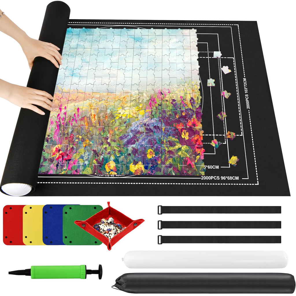 Ainiv Puzzle Mat Roll Up 2000 Pieces - 47x31.5 Felt Board with Sorting Trays and Storage Bag, Black