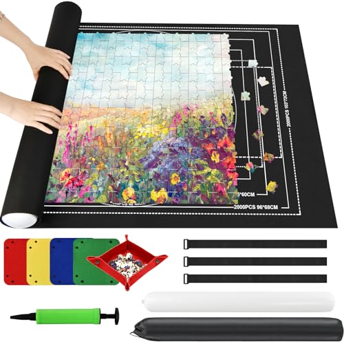 Ainiv Puzzle Mat Roll Up 2000 Pieces - 47x31.5 Felt Board with Sorting Trays and Storage Bag, Black