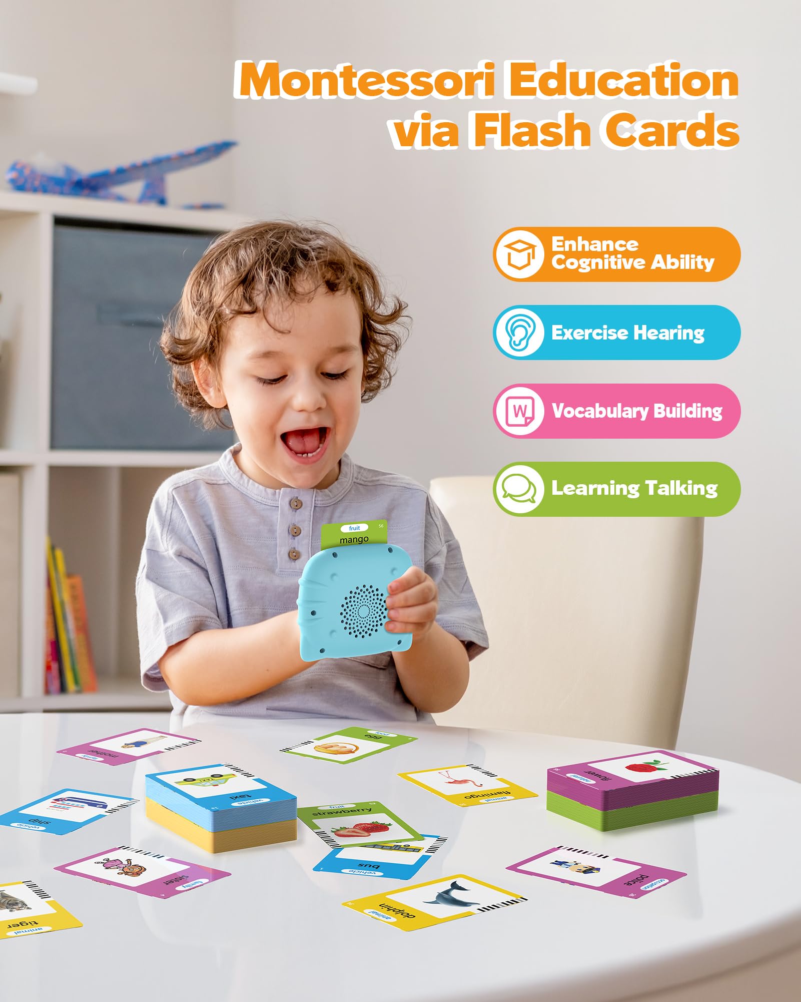 Airbition Talking Flash Cards for Toddlers 1-5 Years – 224 Words, Screen-Free Montessori Learning Toy with Rechargeable Battery