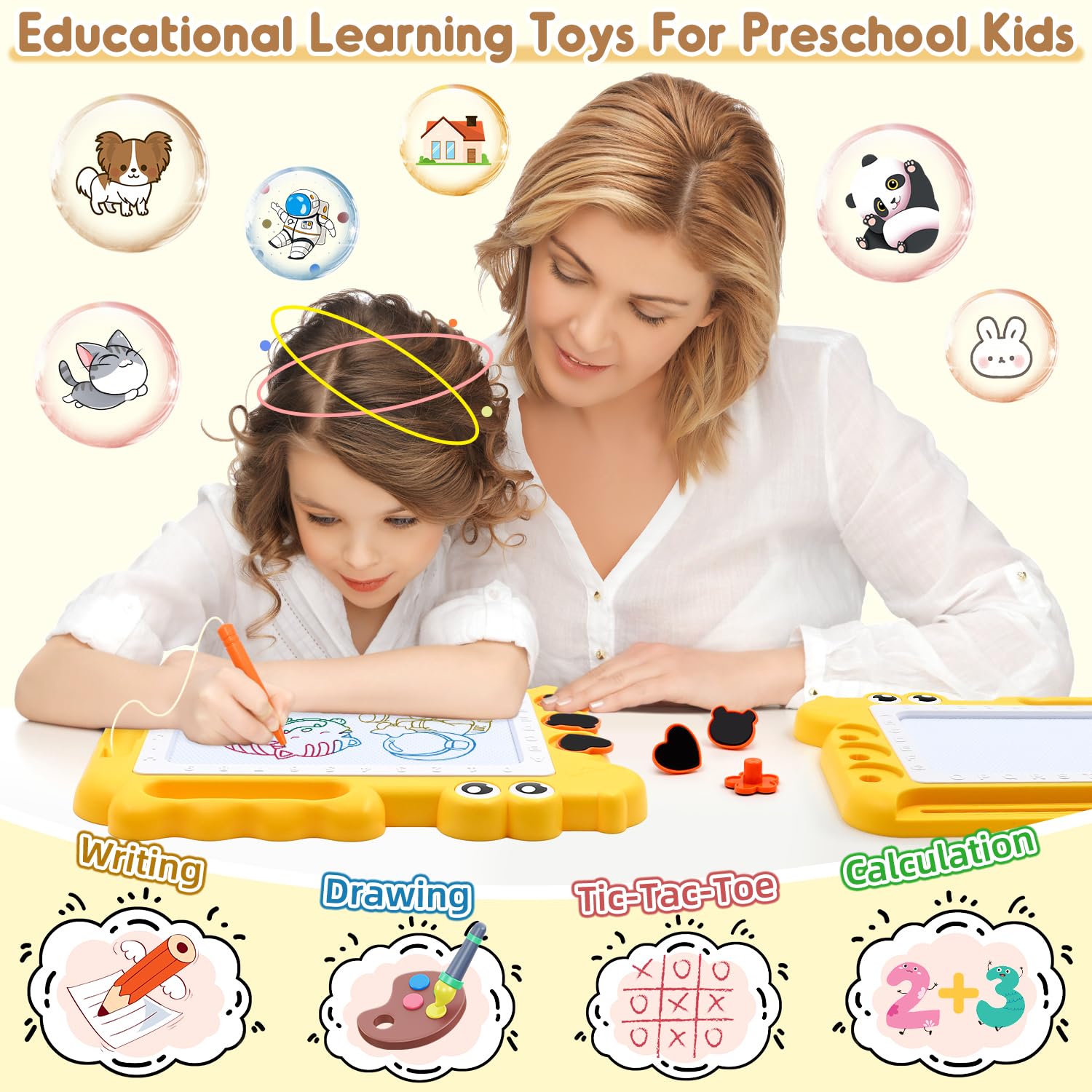 AiTuiTui Magnetic Drawing Board - Colorful Dinosaur Doodle Pad for Toddlers, Mess-Free Travel Toy with Stamps and Letters