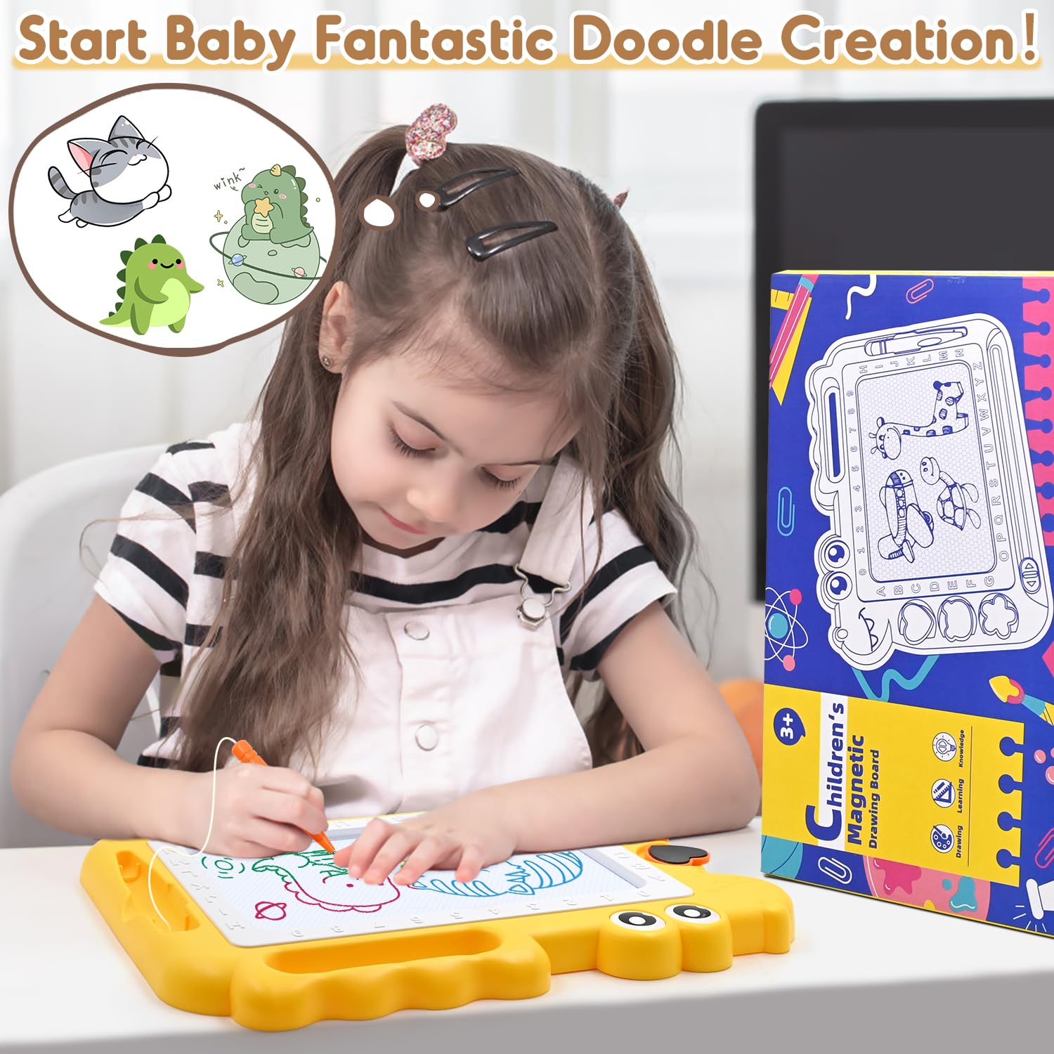 AiTuiTui Magnetic Drawing Board - Colorful Dinosaur Doodle Pad for Toddlers, Mess-Free Travel Toy with Stamps and Letters