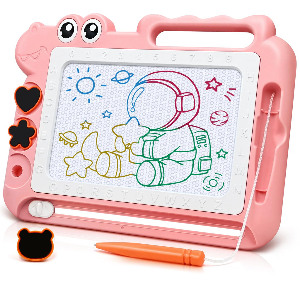 AiTuiTui Magnetic Drawing Board for Toddlers - Pink Dinosaur Doodle Pad with Stamps and Letters